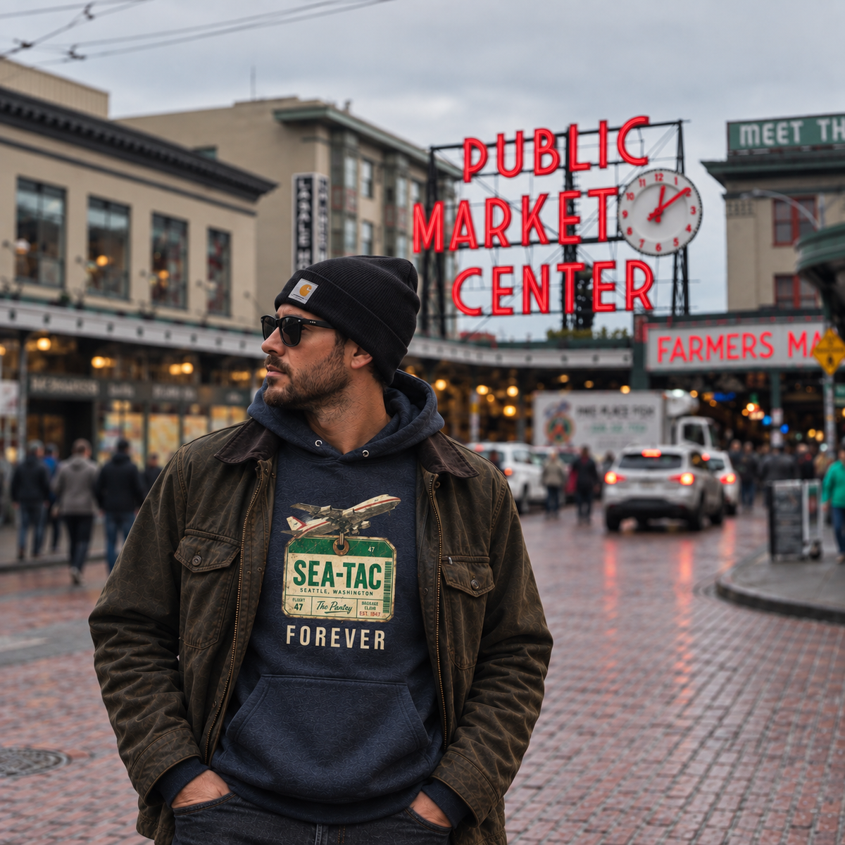 A man wearing a navy blue hoodie with a vintage-style 'Sea-Tac Forever' sign graphic, a brown jacket, and a black beanie stands on a cobblestone street in front of the Seattle Public Market sign.
