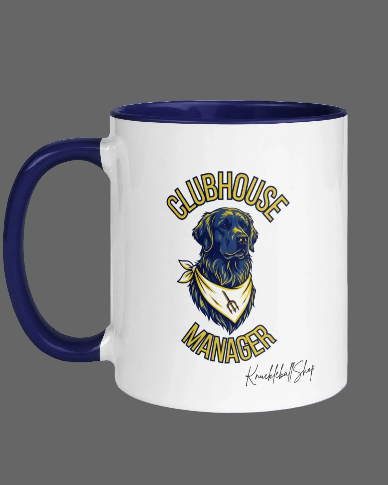 Mug with a graphic of a dog and text 'Clubhouse Manager' on a gray background