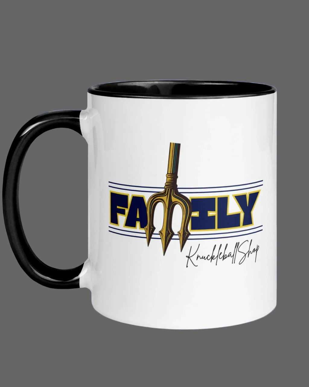 White mug with black inside and handle featuring FAMILY design