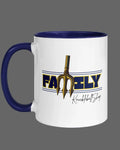 White mug with blue inside and handle featuring FAMILY design
