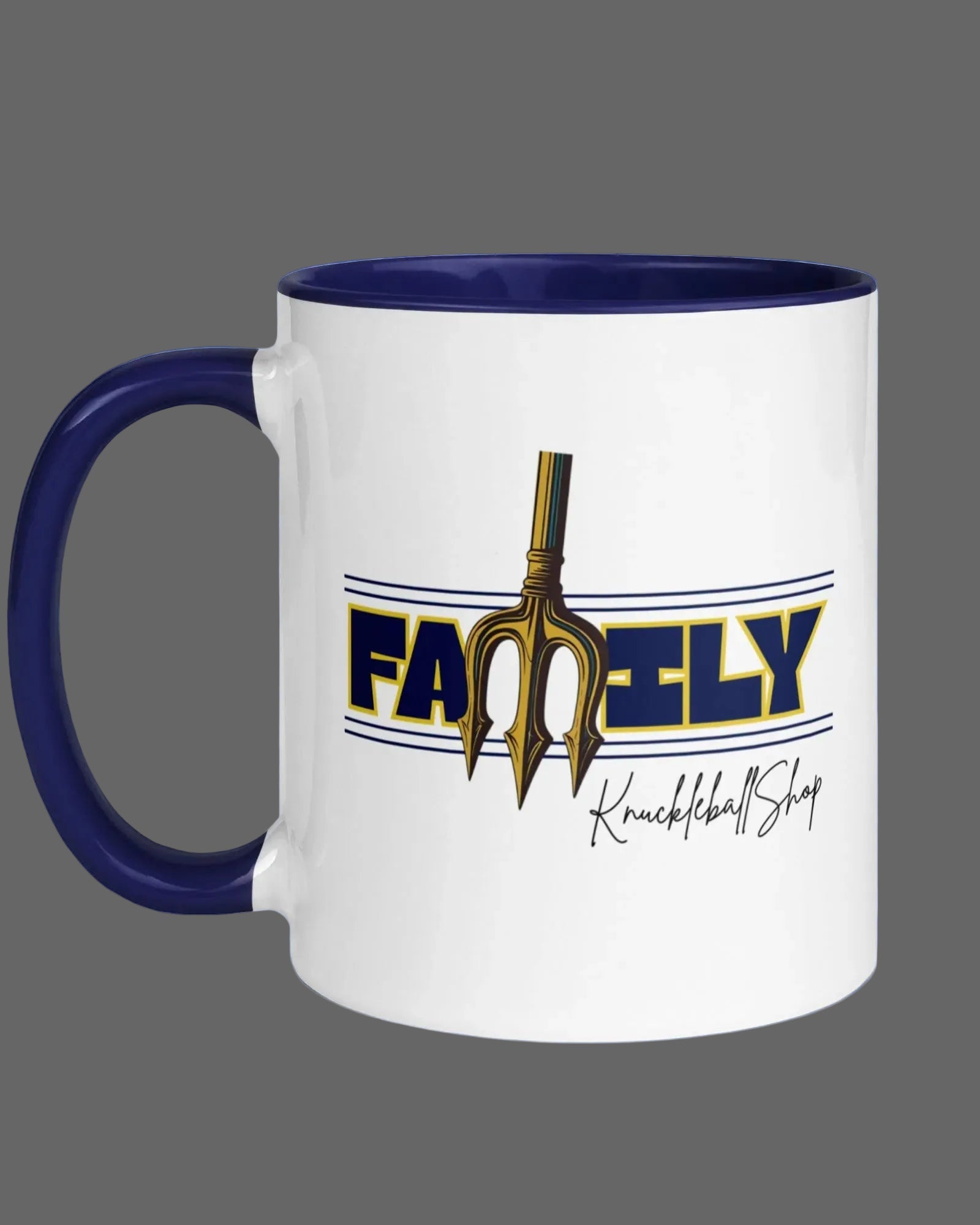 White mug with blue inside and handle featuring FAMILY design