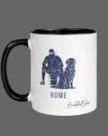 White coffee mug with black handle and black inside, "Home" featuring outline of player and his buddy, the team dog and signature