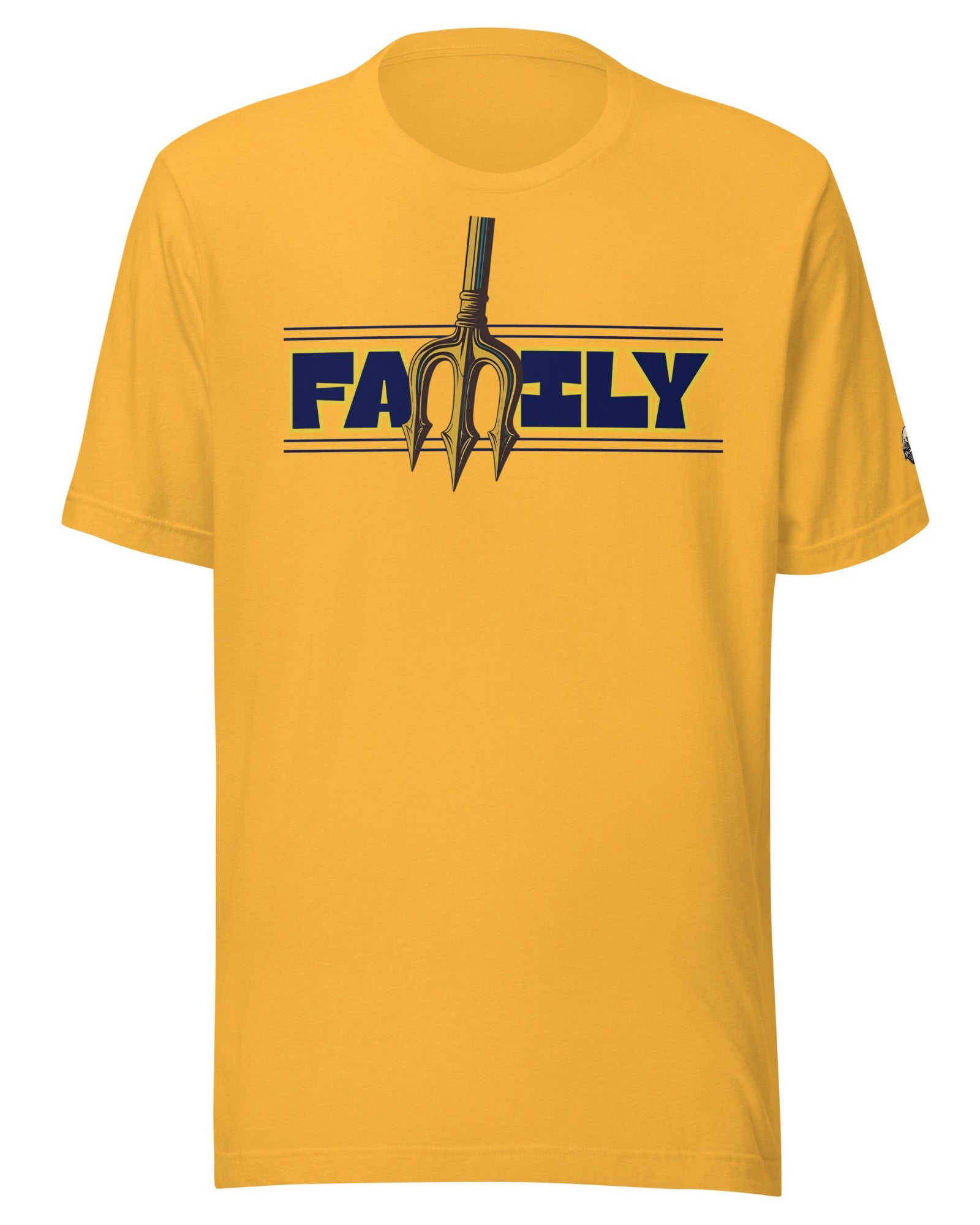 Heather Gold t-shirt featuring a "Family" design with trident