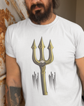 Person wearing a white t-shirt with a gold trident design.