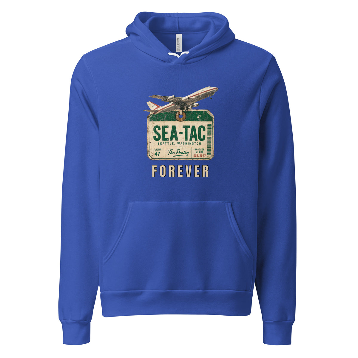 A royal blue pullover hoodie with a vintage-style 'Sea-Tac Forever' graphic on the chest, featuring an airplane and a retro airport sign, shown against a plain white background.