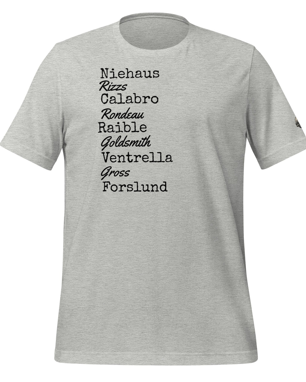 Gray t-shirt with black text on a white background