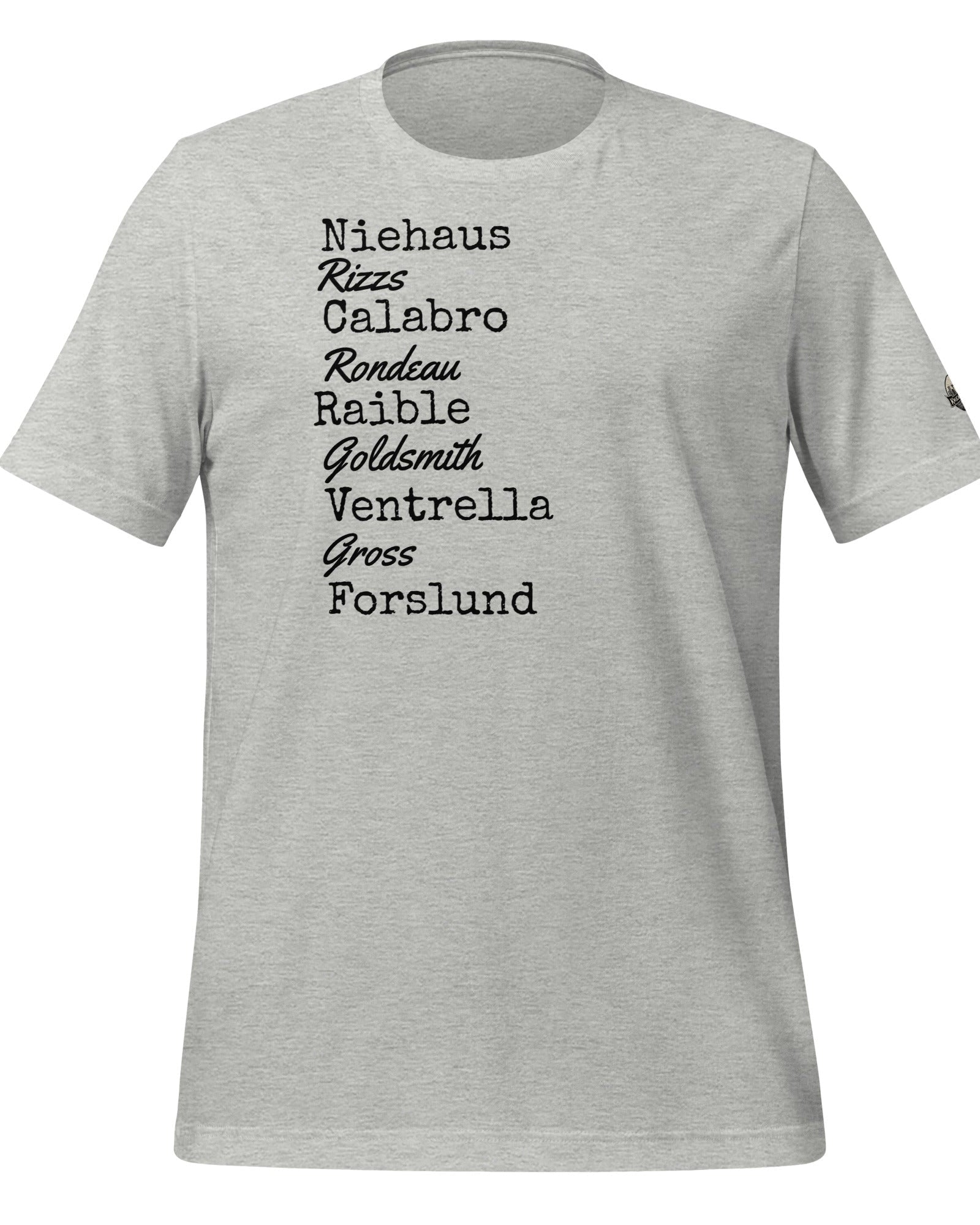 Gray t-shirt with black text on a white background