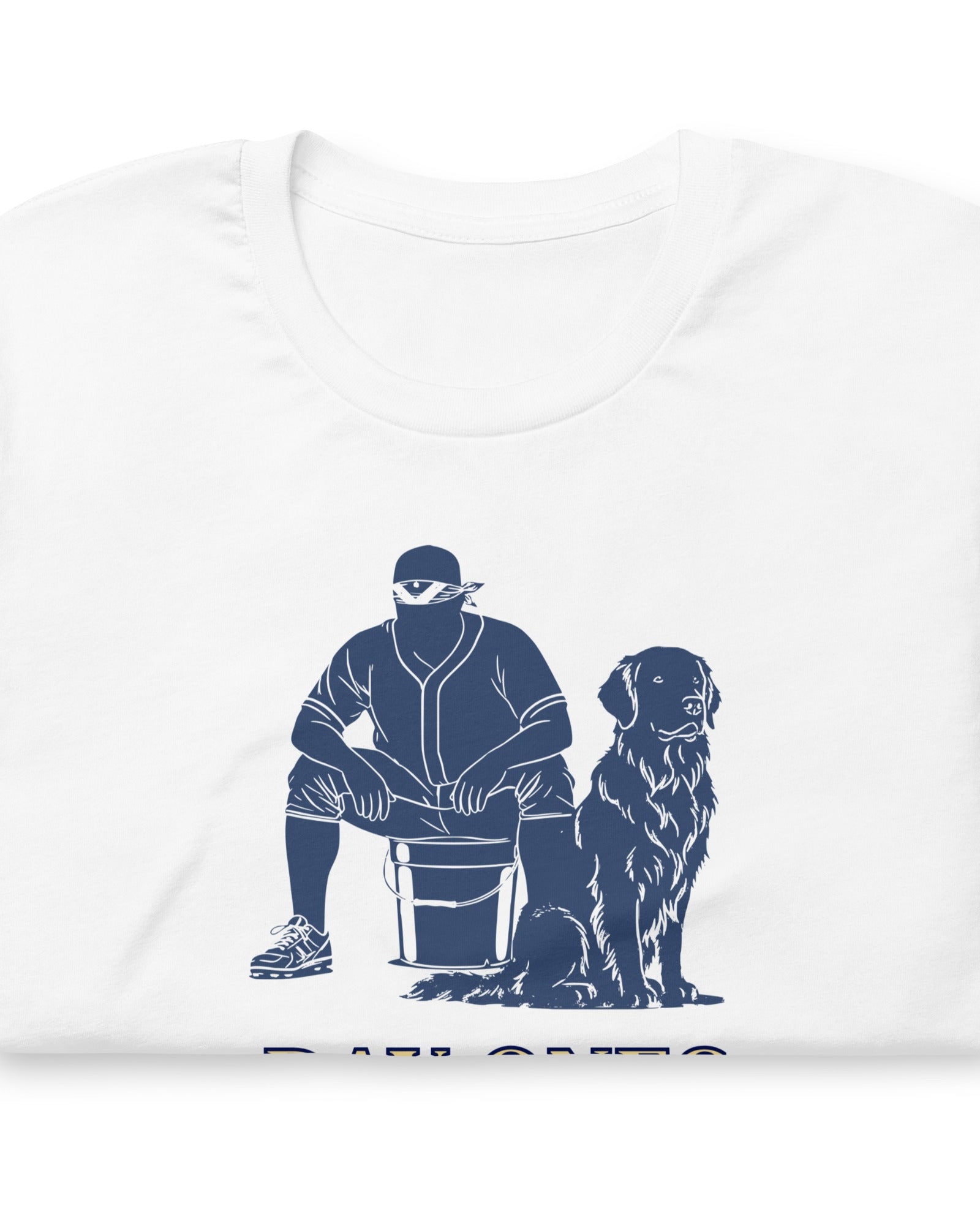 White t-shirt featuring a player and the team dog sitting together. 