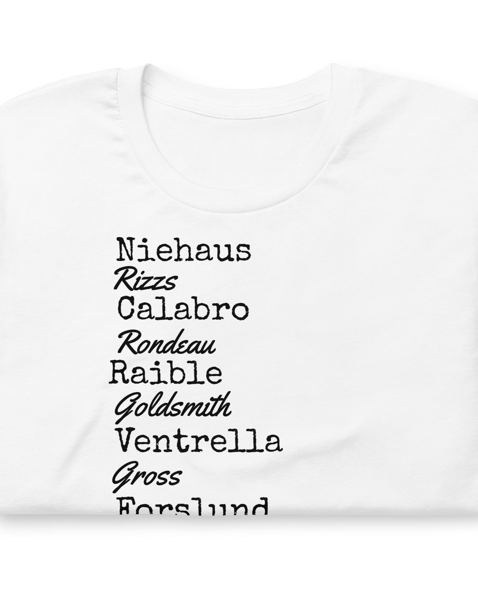 White t-shirt with black text on a white background