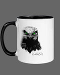 White coffee mug with black handle and black inside, Hawks Super Bowl LX Champs, 2026, Seahawk design with piercing green eyes.