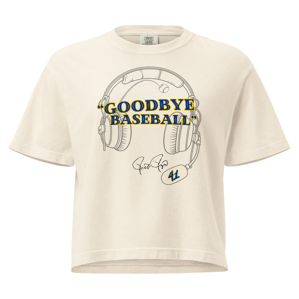 An off-white short-sleeve t-shirt with a graphic print of a baseball player wearing headphones and the text 'GOODBYE BASEBALL' in blue and yellow, with a signature and the number 41.