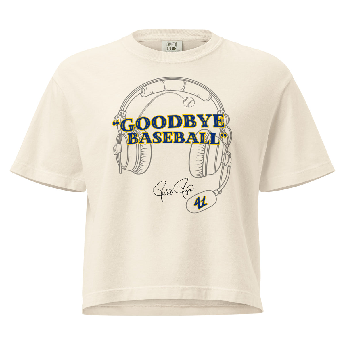 An off-white short-sleeve t-shirt with a graphic print of a baseball player wearing headphones and the text 'GOODBYE BASEBALL' in blue and yellow, with a signature and the number 41.