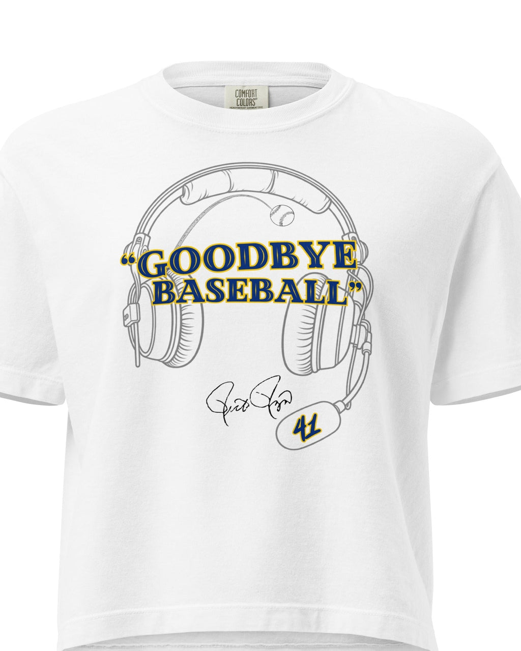 A white short-sleeve crewneck t-shirt featuring a graphic of over-ear headphones with the text 'GOODBYE BASEBALL' in blue and yellow, along with a signature and the number 44.