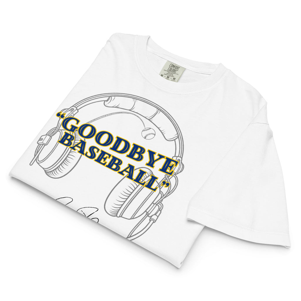 A white short-sleeve t-shirt with a 'Goodbye Baseball' graphic on the front, featuring a black line art illustration of headphones and a baseball with blue and yellow text, displayed on a clean white background.